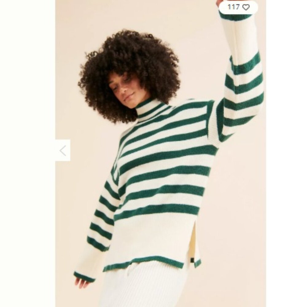 Anthropologie Flat White Striped Turtleneck Sweater, Green & White | Size XS